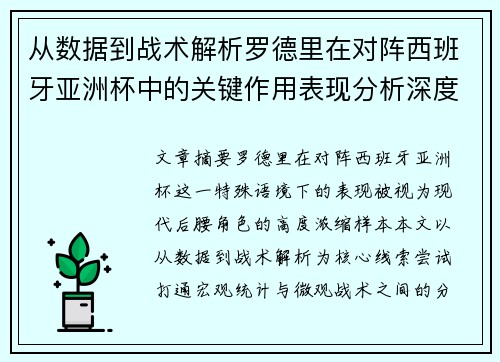 从数据到战术解析罗德里在对阵西班牙亚洲杯中的关键作用表现分析深度 从数据到战术解析罗德里在对阵西班牙亚洲杯中的关键作用表现分析深度